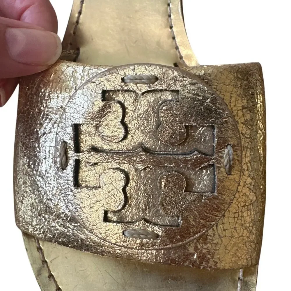 Tory Burch Aerin Metallic Gold Kitten Heel Slides 8.5